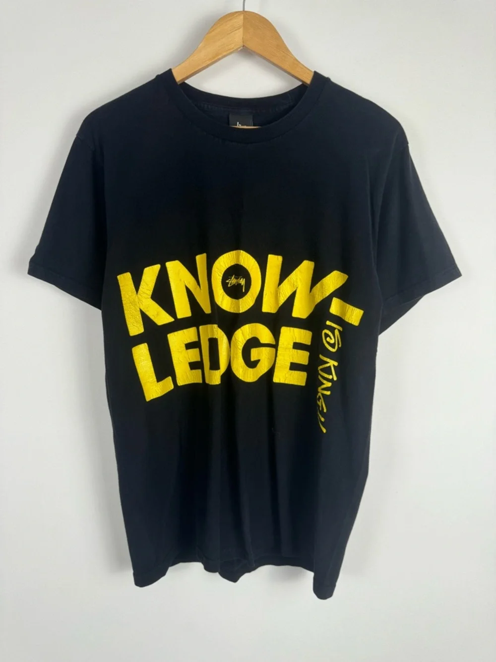 2000s Stussy Black Tee with Bold Yellow KNOWLEDGE Graphic - Picture 2 of 5